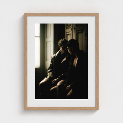 Private Time 18x24 portrait print in a natural oak frame on a modern gallery wall.