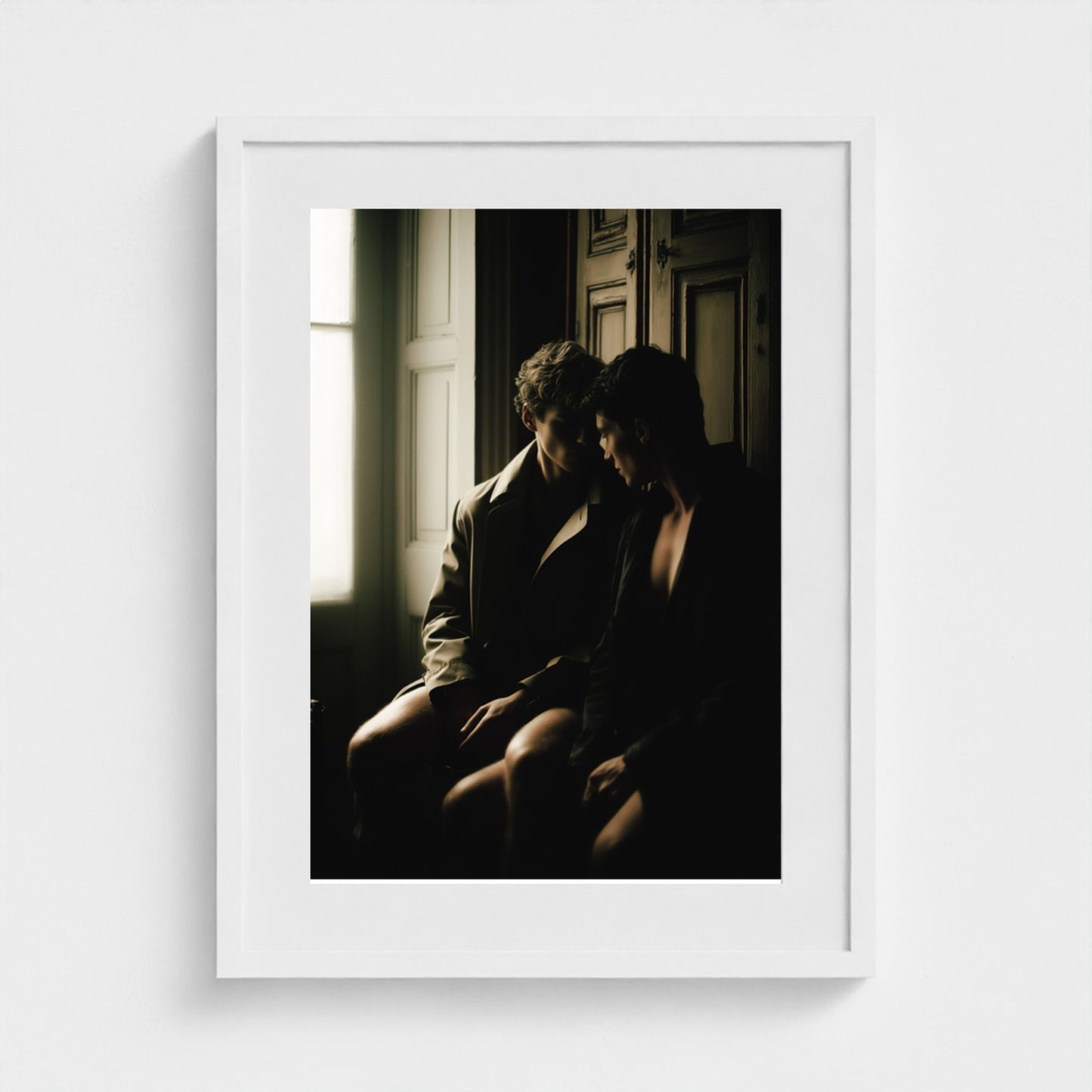 Private Time 18x24 art print in a sleek white frame, showcased in a bright interior.