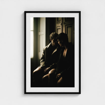 Private Time 24x36 portrait art print in a black frame, styled in a minimalist room.