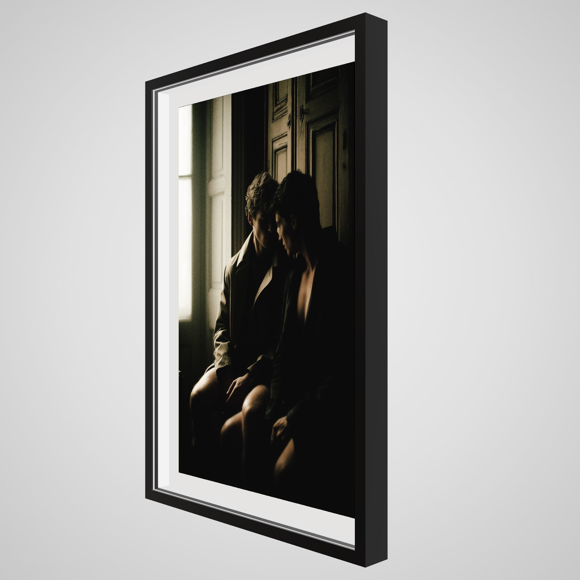 Angled detail of Private Time 24x36 portrait print in a deep black spacer frame.