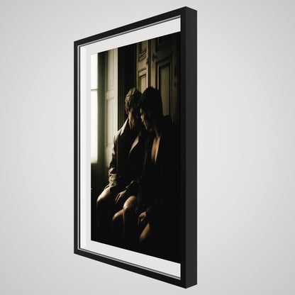 Angled detail of Private Time 24x36 portrait print in a deep black spacer frame.
