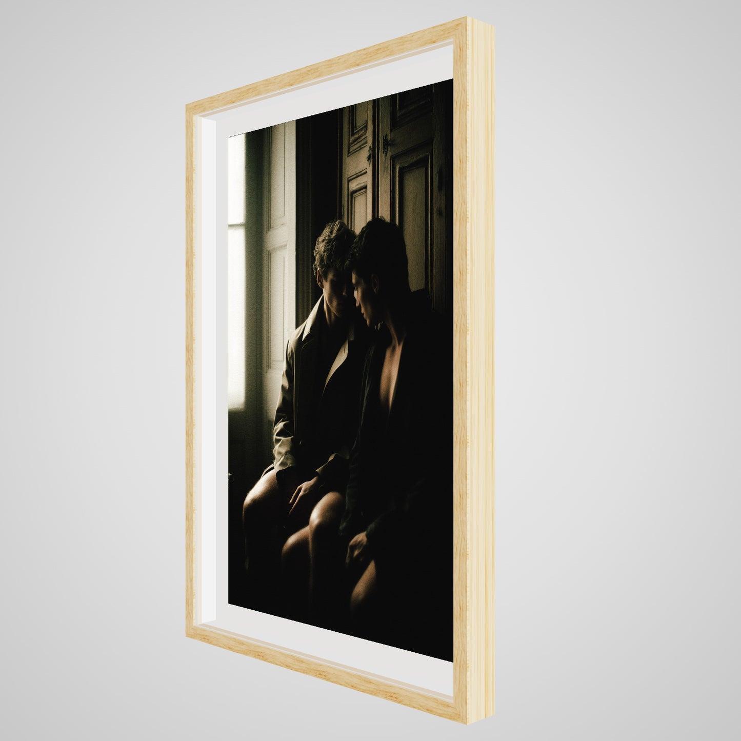 Angled view of Private Time 24x36 art print in a natural oak spacer frame, showing grain details.