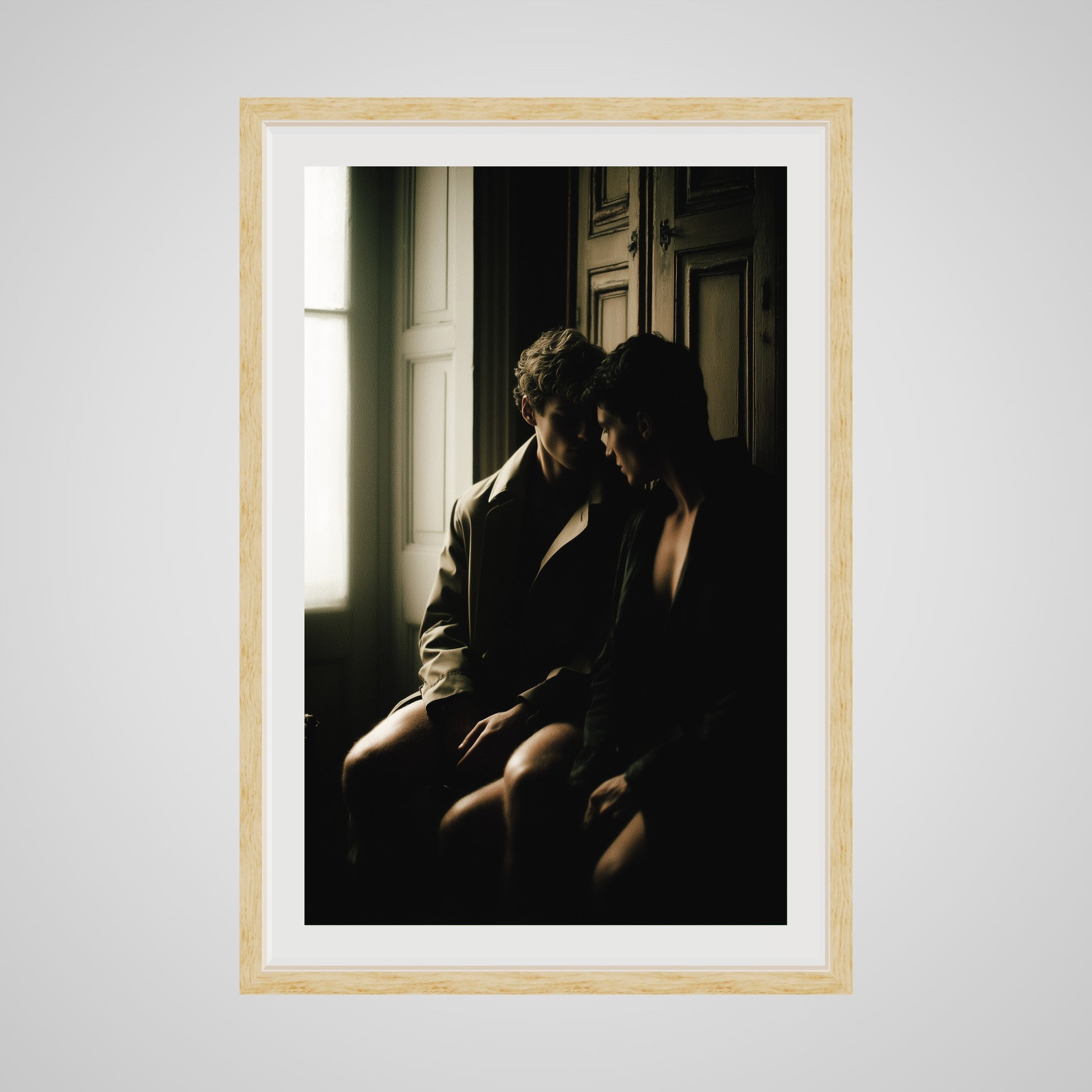 Front view of Private Time 24x36 art print, hand-framed in a deep natural oak spacer frame.