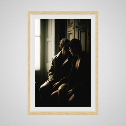 Front view of Private Time 24x36 art print, hand-framed in a deep natural oak spacer frame.