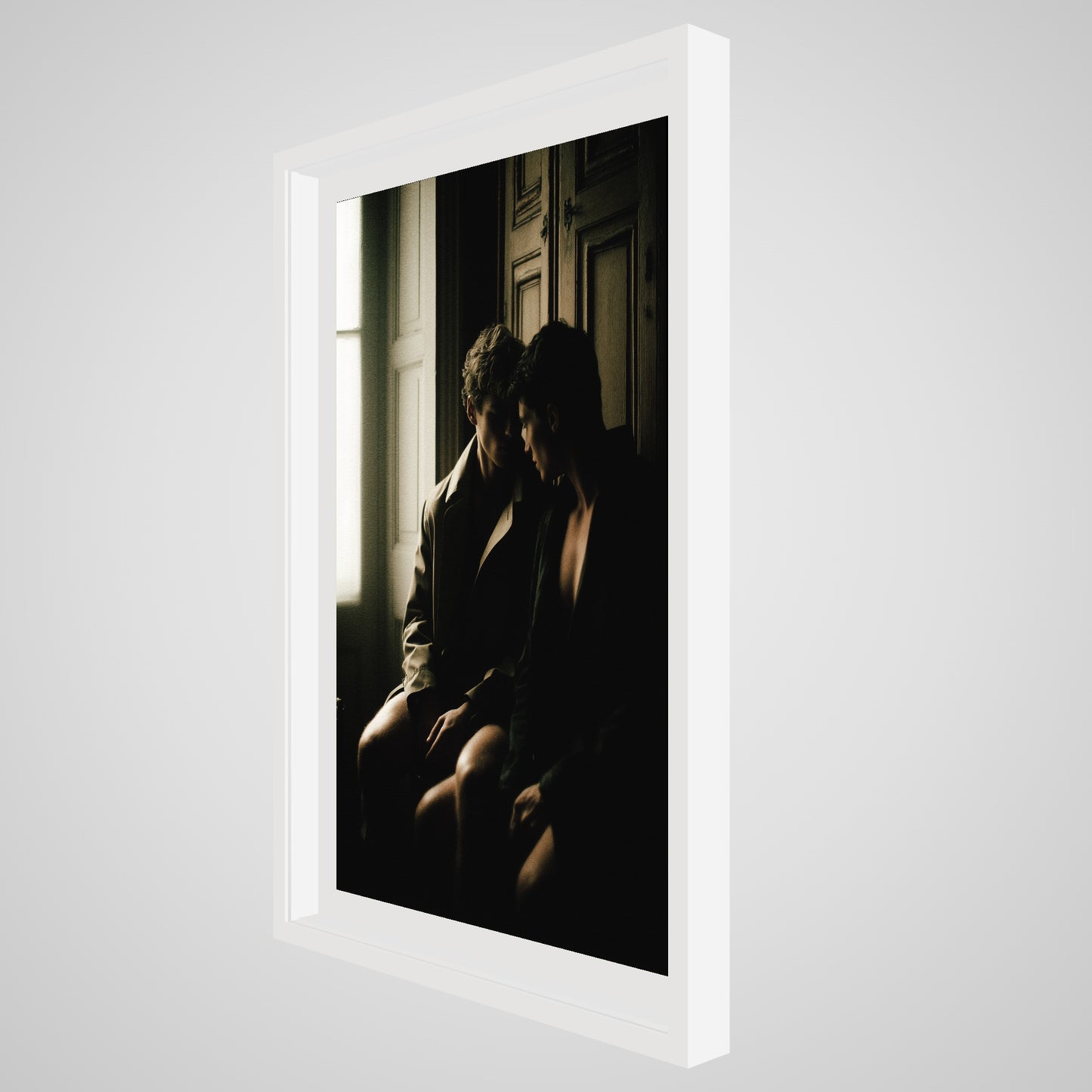 Angled profile of Private Time 24x36 portrait art print in a deep white spacer frame.