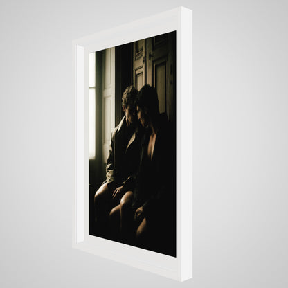 Angled profile of Private Time 24x36 portrait art print in a deep white spacer frame.