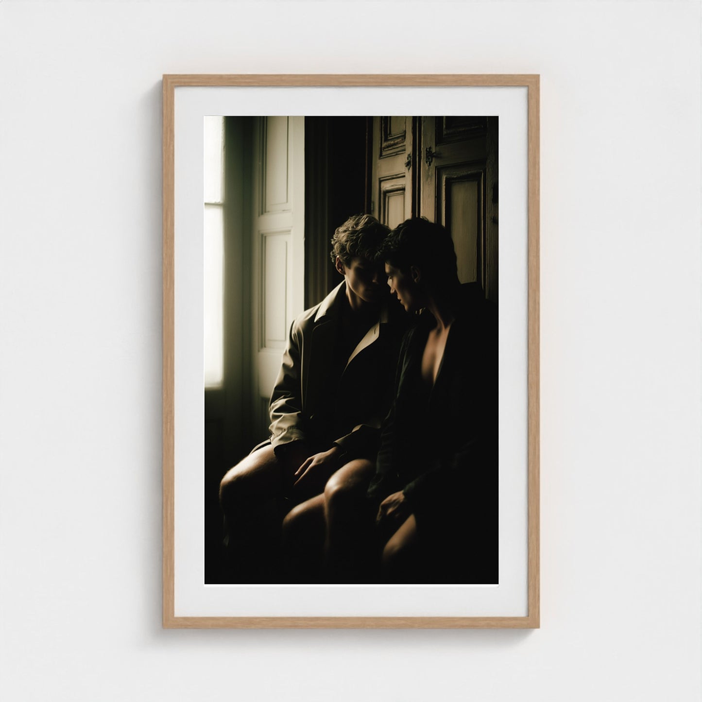 Private Time 24x36 art print in a natural oak frame, hanging above a contemporary credenza.