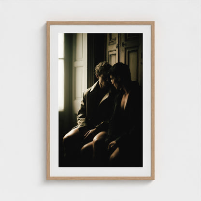 Private Time 24x36 art print in a natural oak frame, hanging above a contemporary credenza.