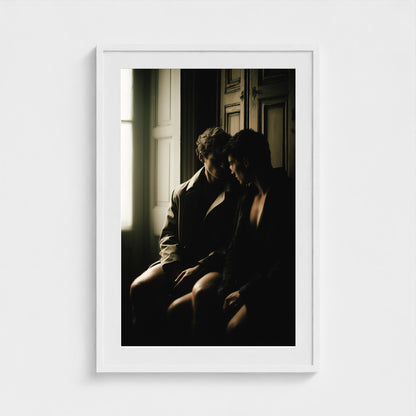 Private Time 24x36 portrait art print in a tailored white frame, styled in a warm bedroom.