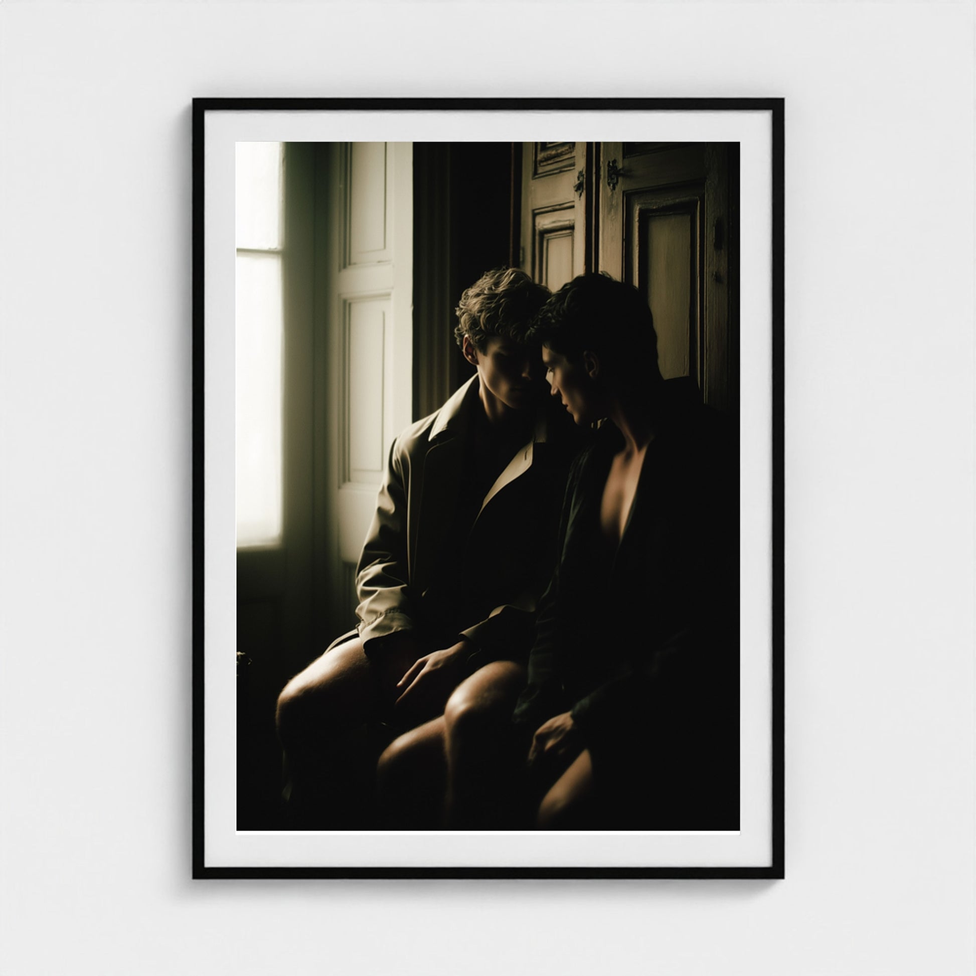 Large Private Time 36x48 art print in a bold black frame, hanging in a designer living room.