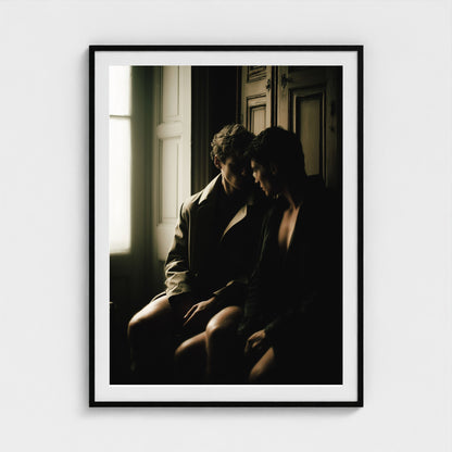 Large Private Time 36x48 art print in a bold black frame, hanging in a designer living room.