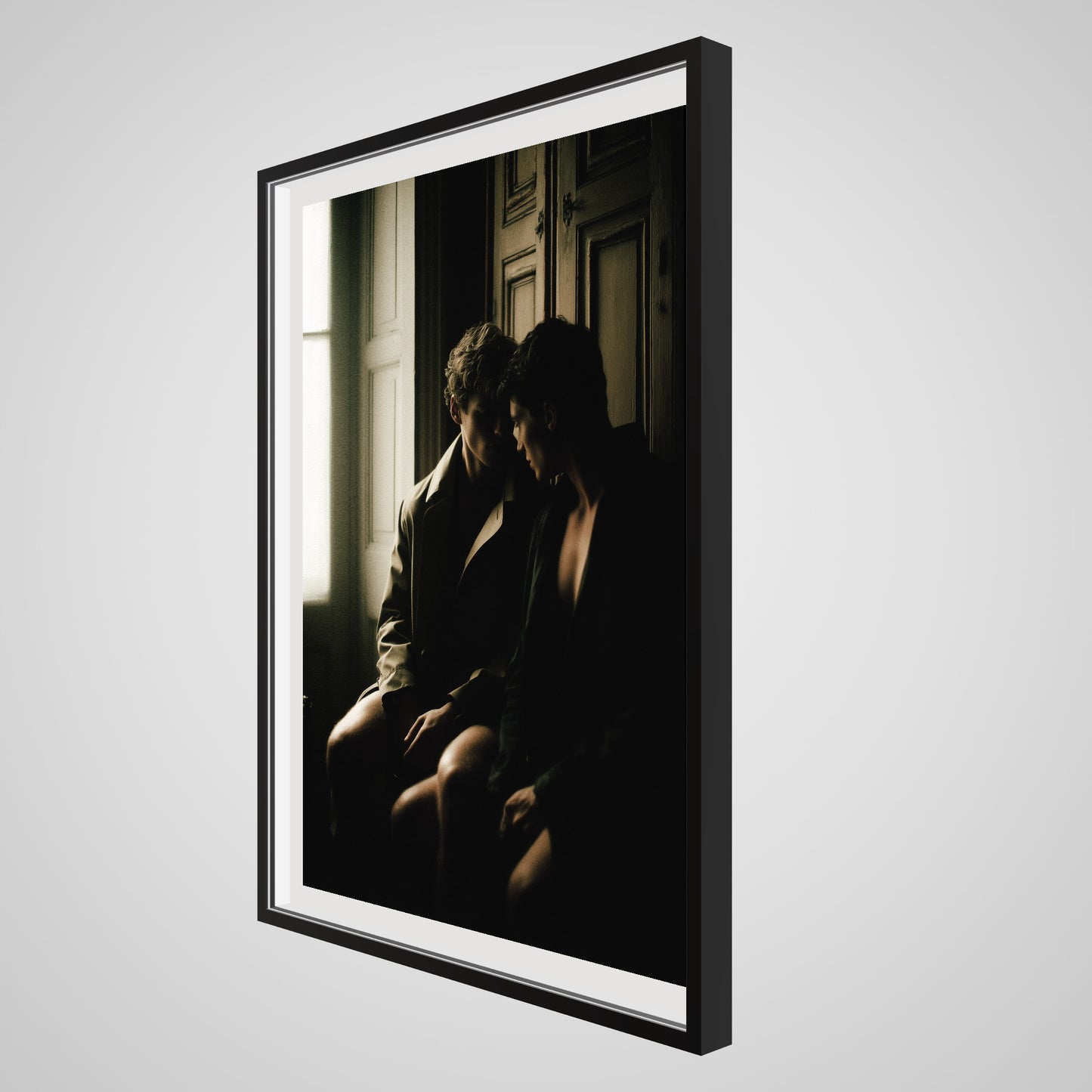 Side angle view of Private Time 36x48 art print in a deep black spacer frame.