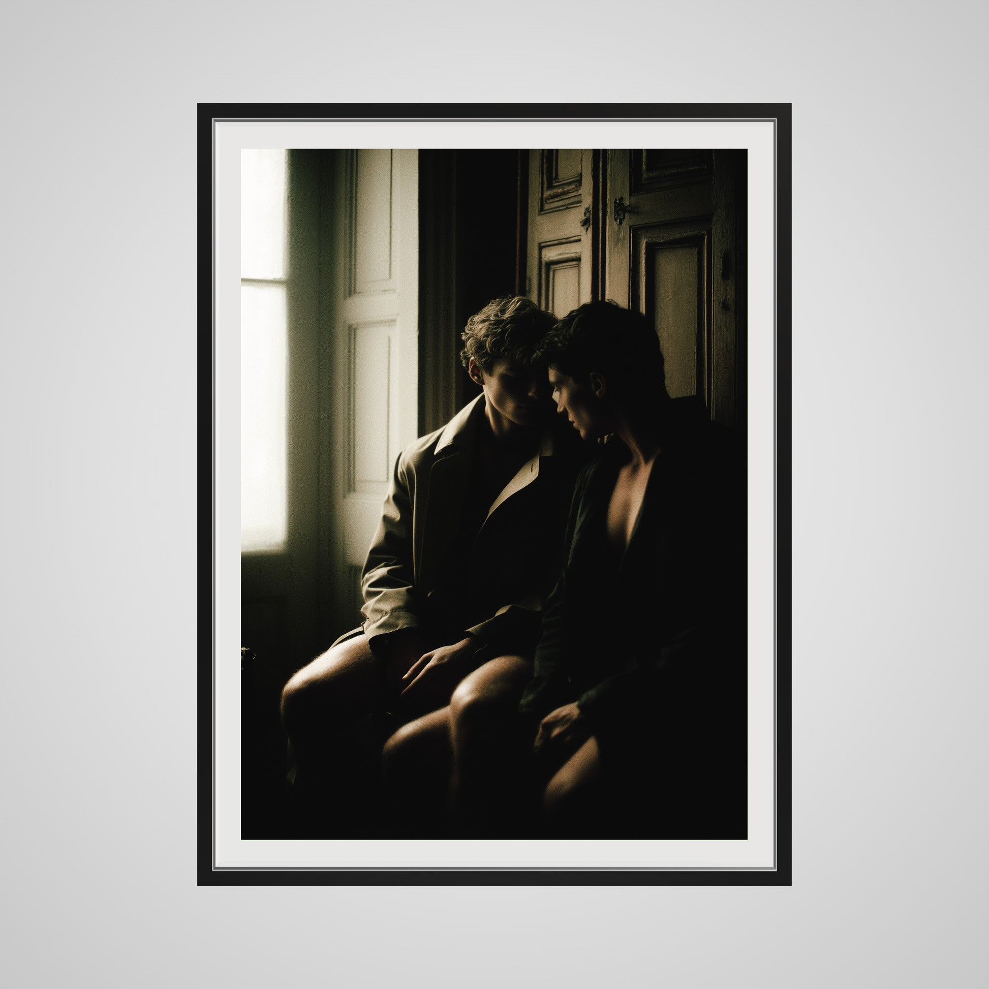 Front view of Private Time 36x48 art print in a custom deep black spacer frame.