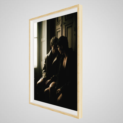 Side angle view of Private Time 36x48 portrait print in a deep natural oak spacer frame.
