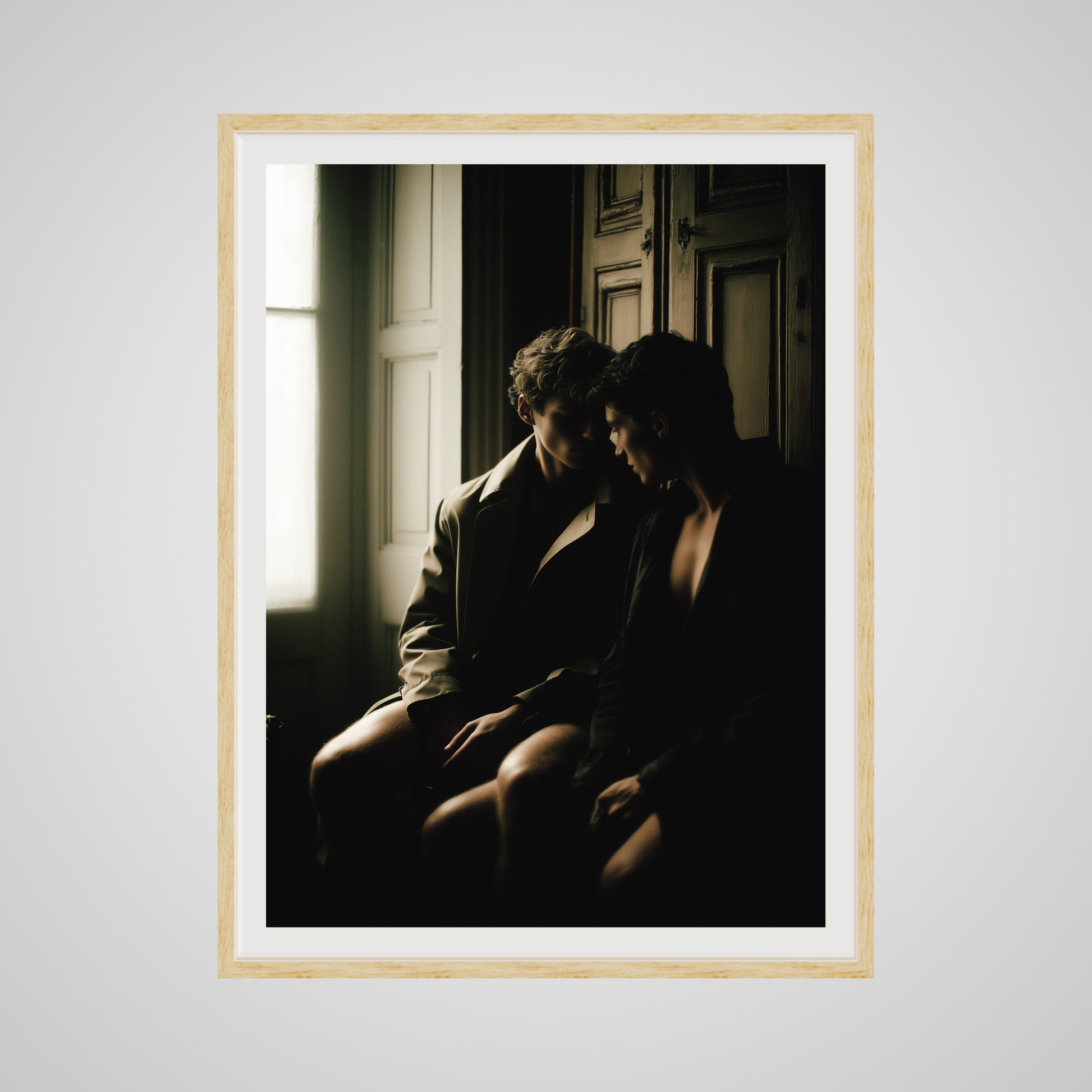 Front view of Private Time 36x48 portrait print in a custom deep natural oak spacer frame.