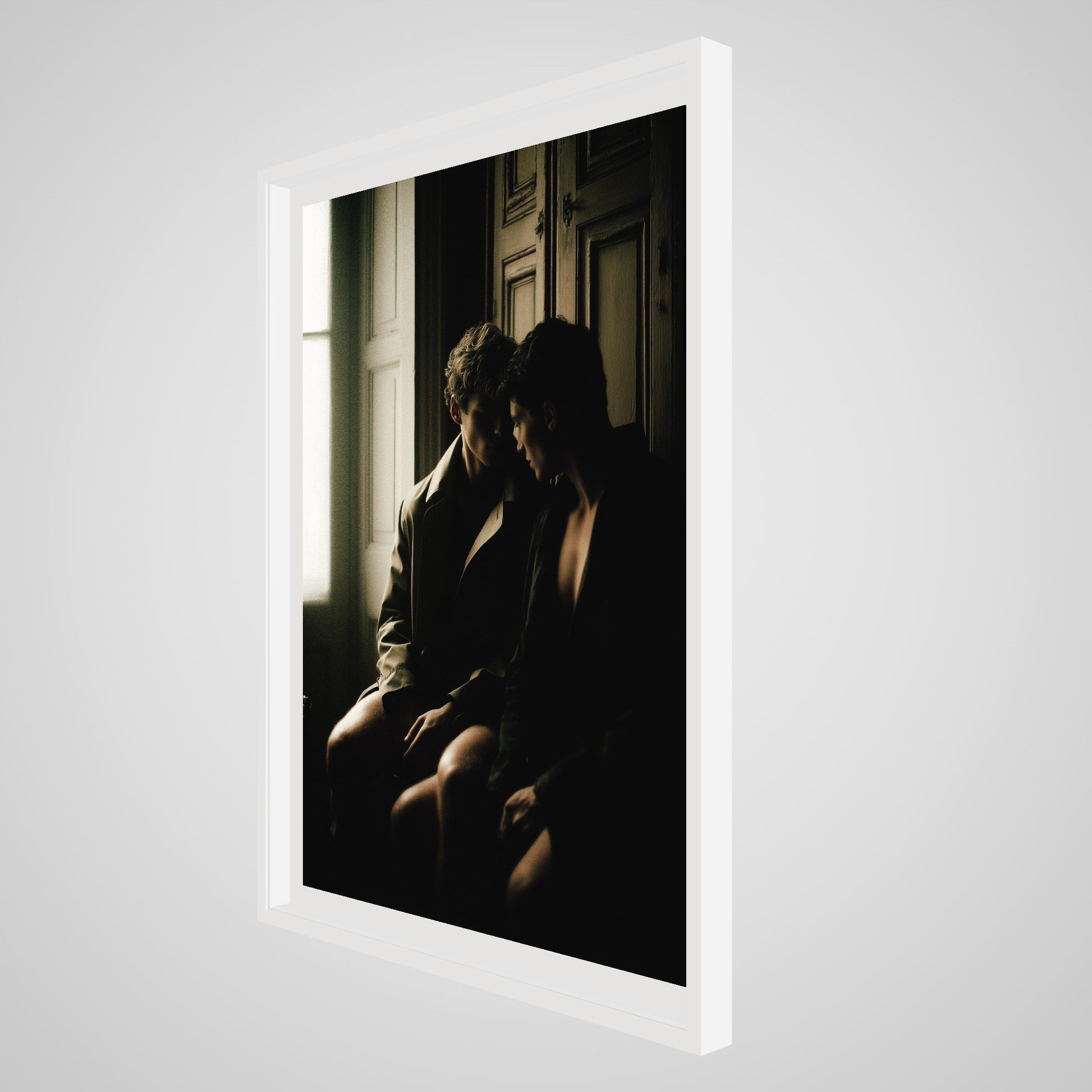 Side angle view of Private Time 36x48 art print in a deep white spacer frame.