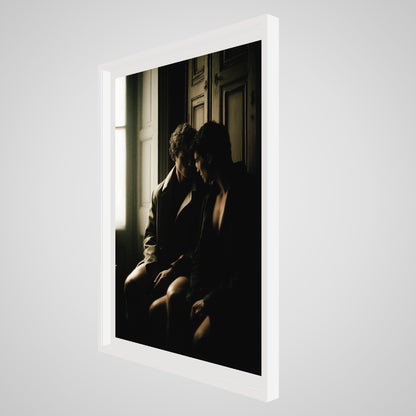 Side angle view of Private Time 36x48 art print in a deep white spacer frame.