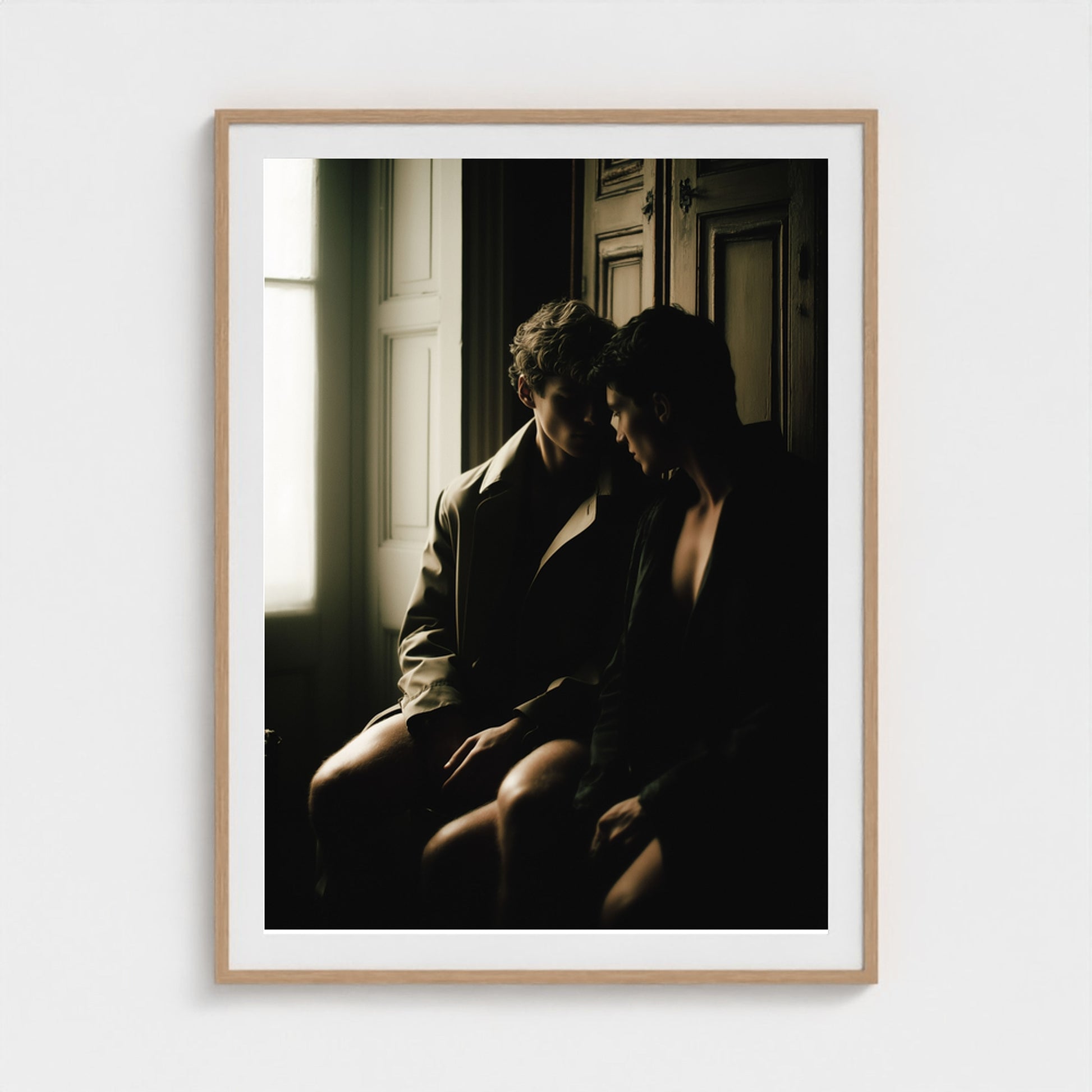 Large Private Time 36x48 portrait art print in a natural wood frame, styled over a modern mantle.