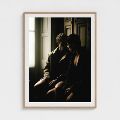 Large Private Time 36x48 portrait art print in a natural wood frame, styled over a modern mantle.