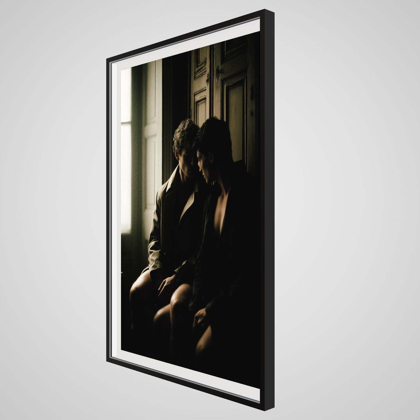 Angled details of large Private Time 40x60 portrait print in a deep black spacer frame.