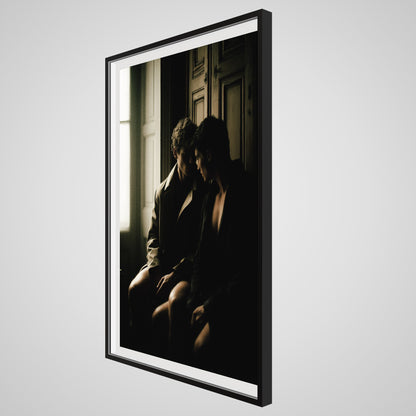 Angled details of large Private Time 40x60 portrait print in a deep black spacer frame.