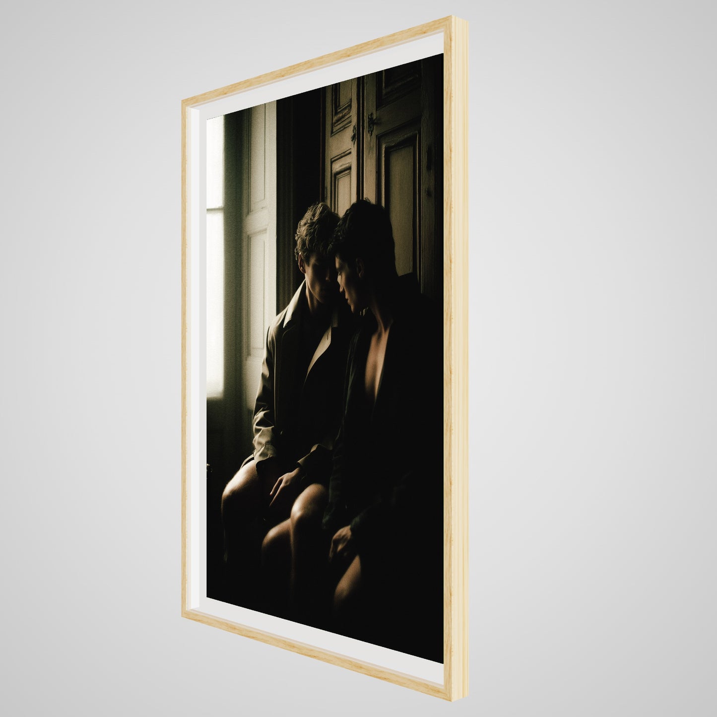 Angled details of large Private Time 40x60 art print in a deep natural oak spacer frame.