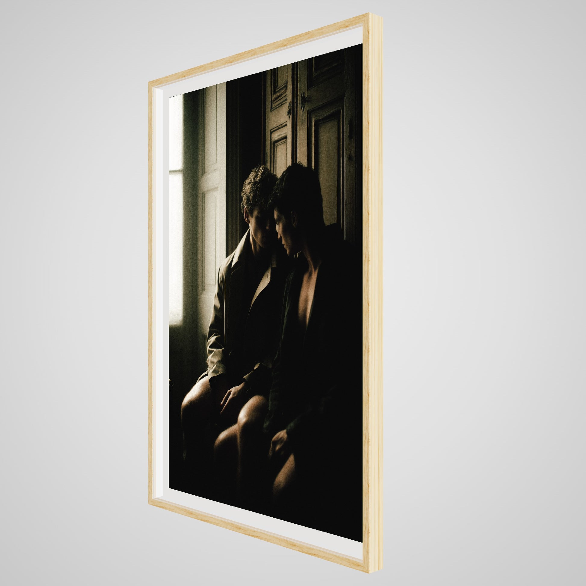 Angled details of large Private Time 40x60 art print in a deep natural oak spacer frame.