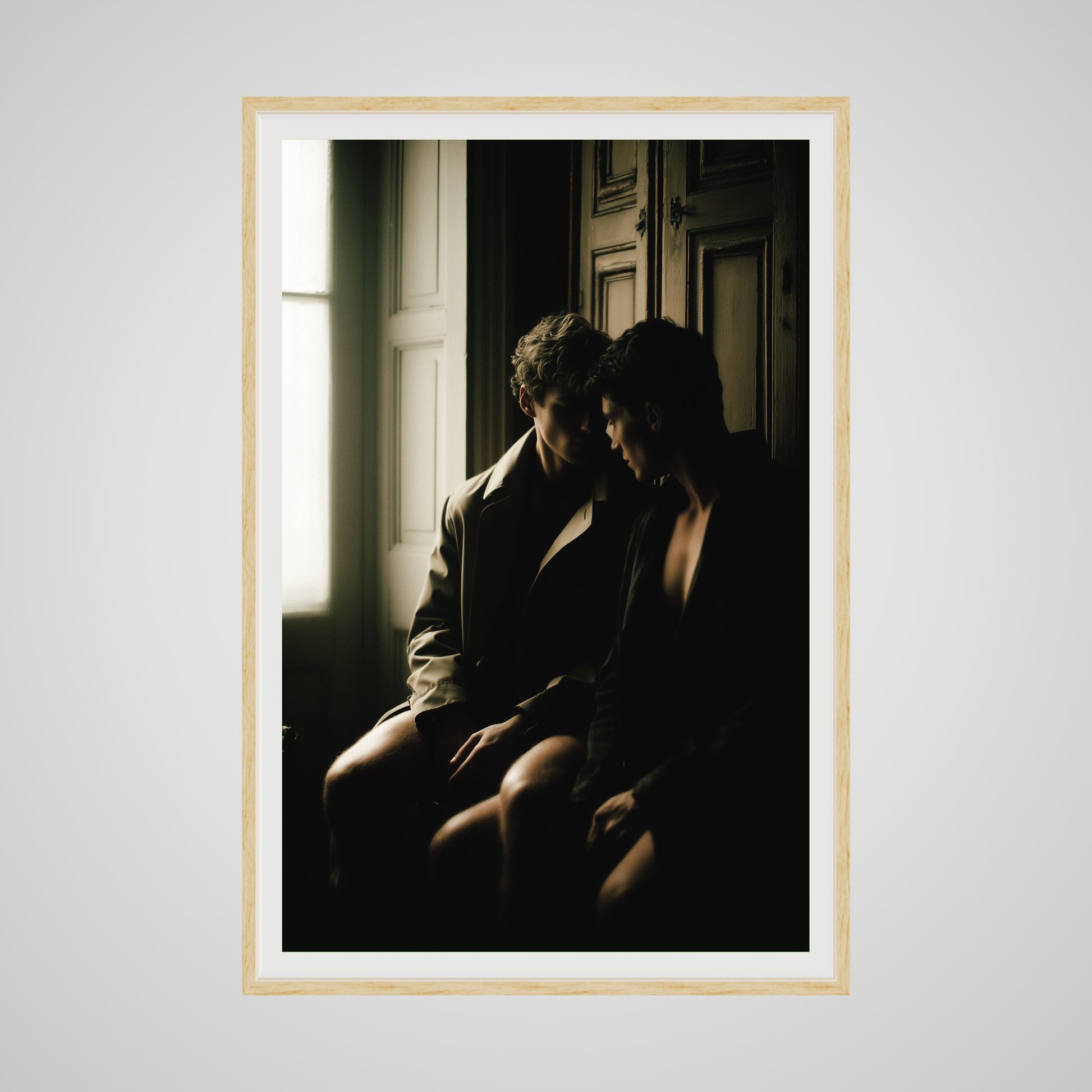 Front view of oversized Private Time 40x60 portrait print in a deep natural oak spacer frame.