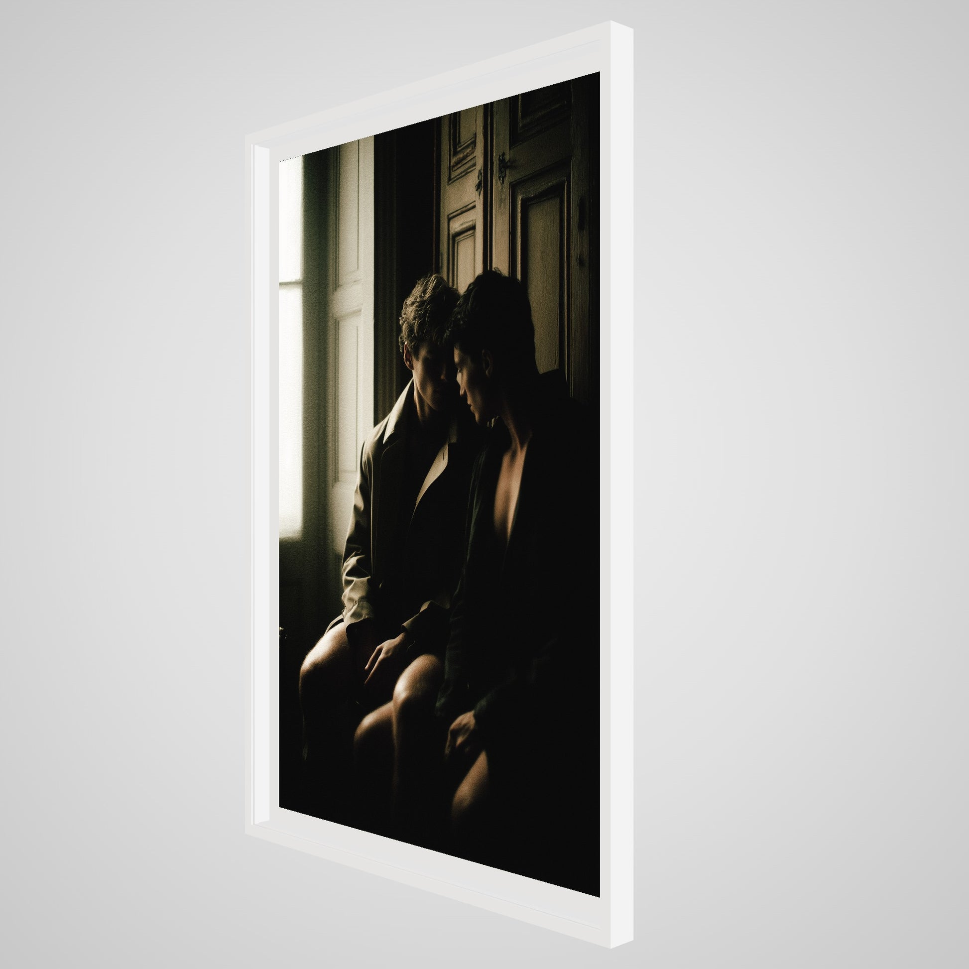 Angled details of large Private Time 40x60 portrait print in a deep white spacer frame.