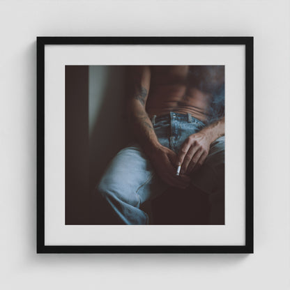 Contemplative Male Torso print displayed in a 20x20 black square box frame.