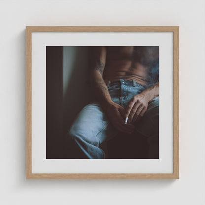 Contemplative Male Torso print displayed in a 20x20 natural wood square box frame.