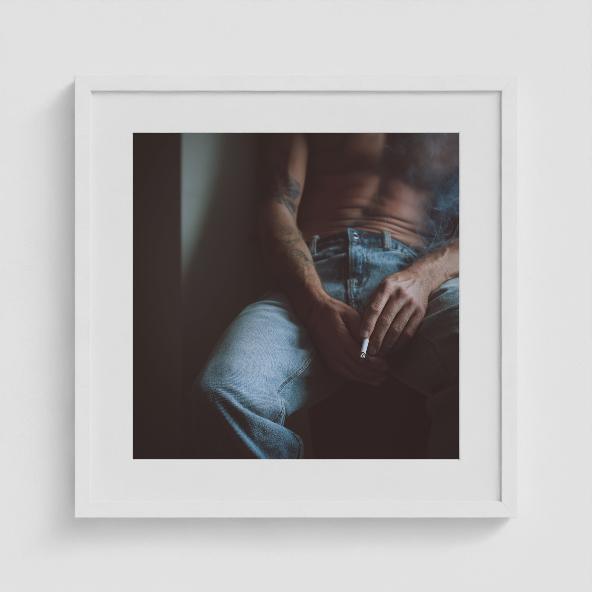Contemplative Male Torso print displayed in a 20x20 white square box frame.