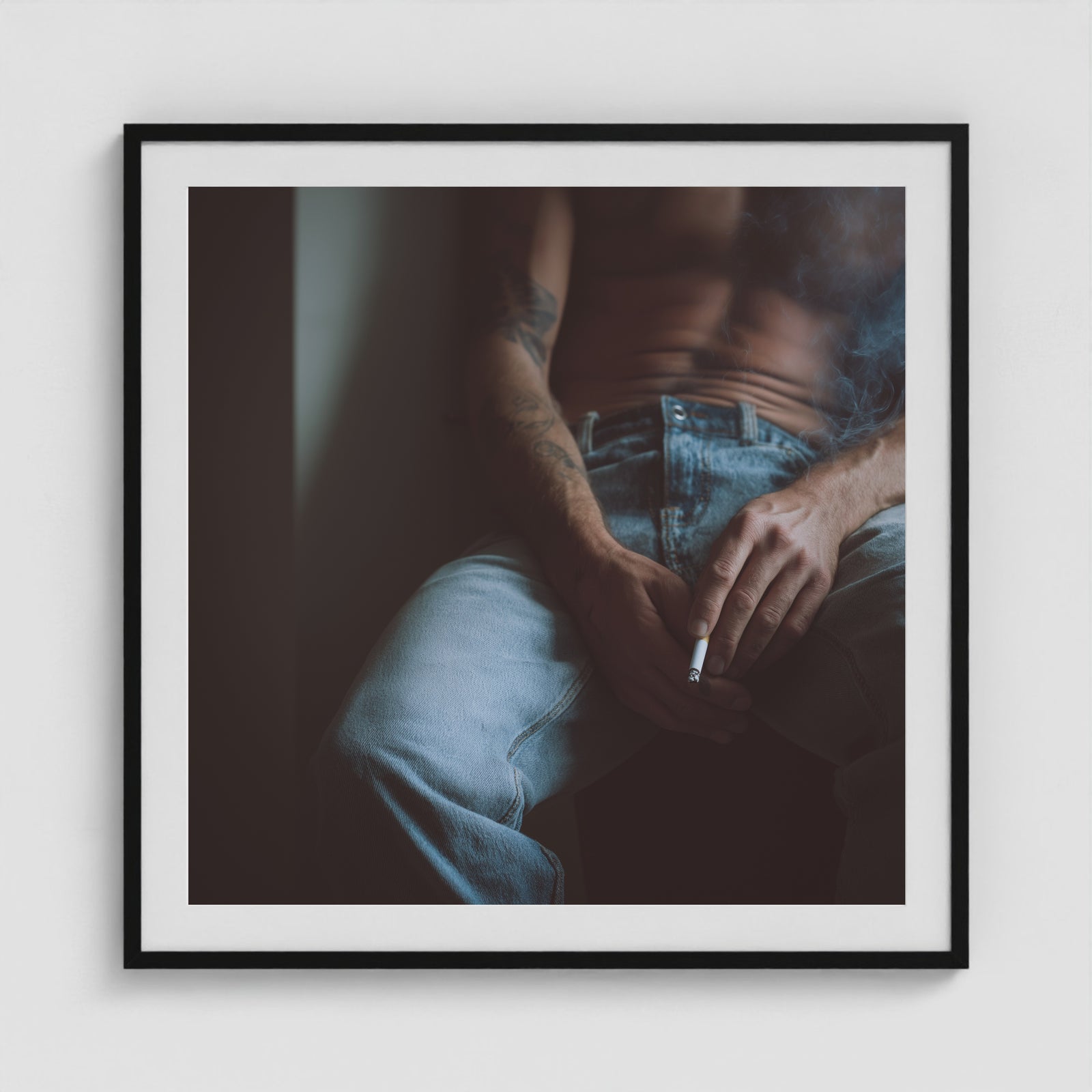 Contemplative Male Torso artwork in a 36x36 black square box frame.