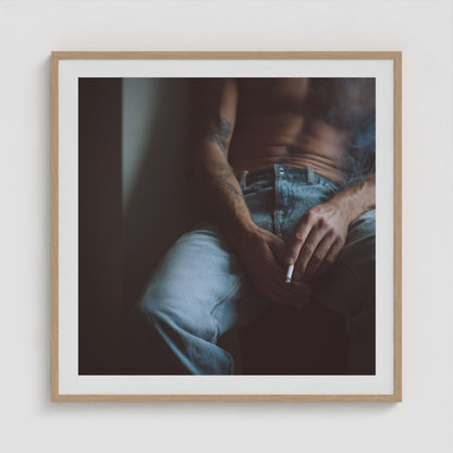 Detailed view of the Contemplative Male Torso print in a 36x36 natural wood box frame.