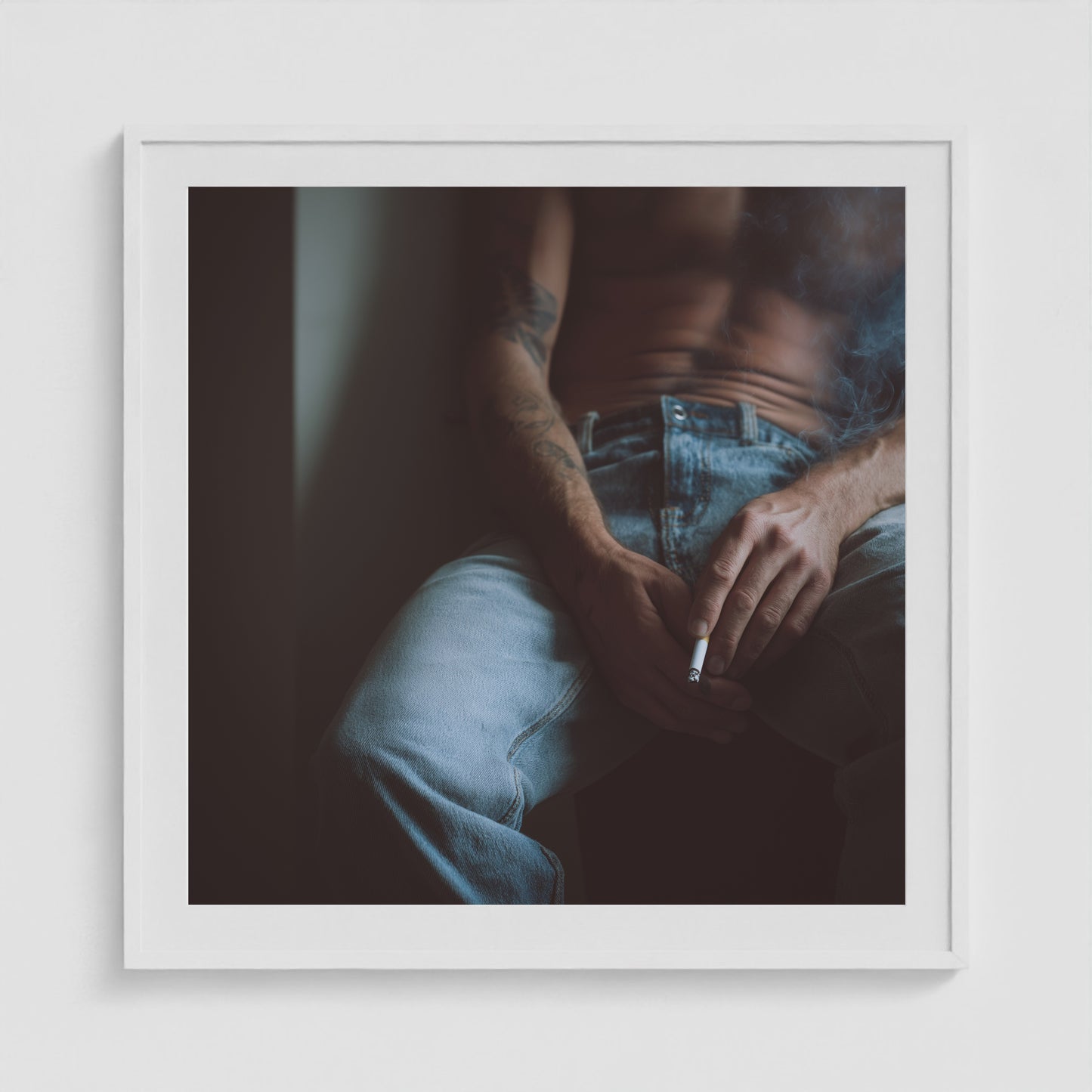Contemplative Male Torso print in a 36x36 white square box frame.