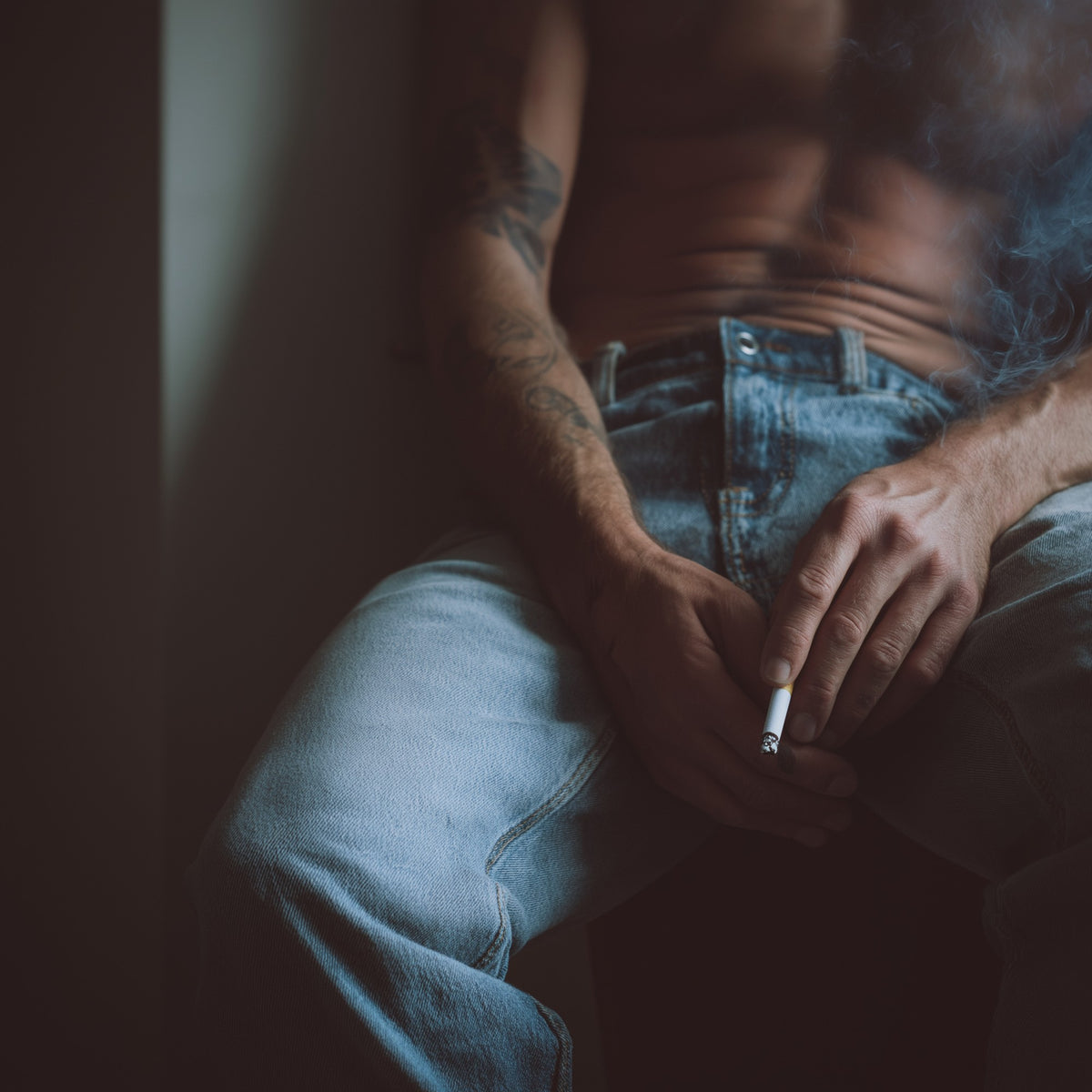 Contemplative Male Torso study print highlighting fine skin details and denim textures.