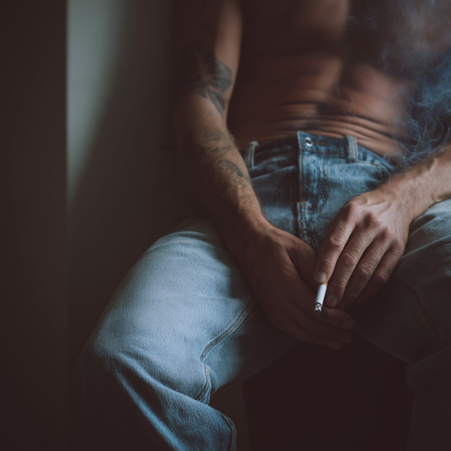 Contemplative Male Torso study print highlighting fine skin details and denim textures.