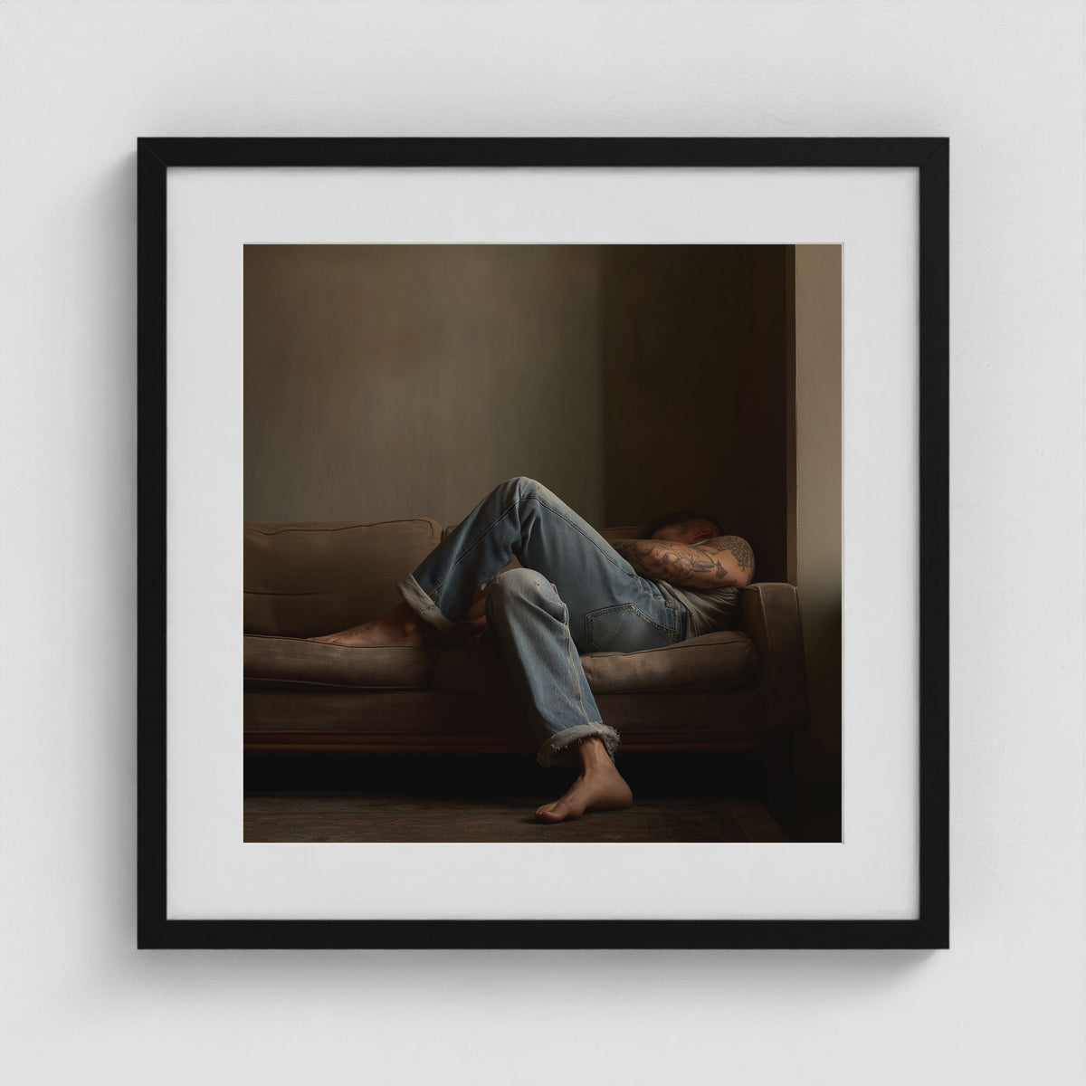 Reclining Denim Portrait 20x20 Black Square Box Frame