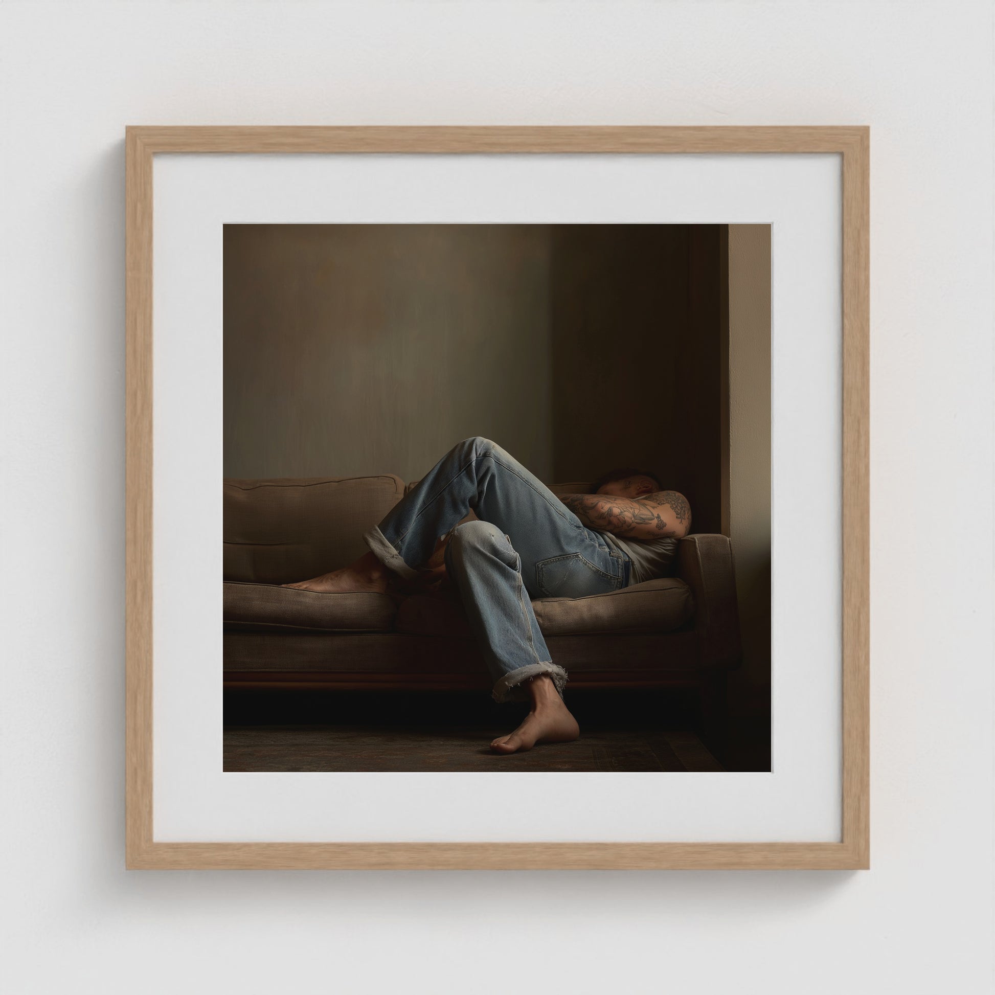 Reclining Denim Portrait 20x20 Natural Square Box Frame