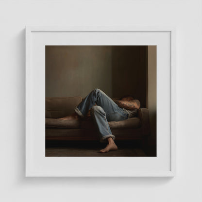 Reclining Denim Portrait 20x20 White Square Box Frame