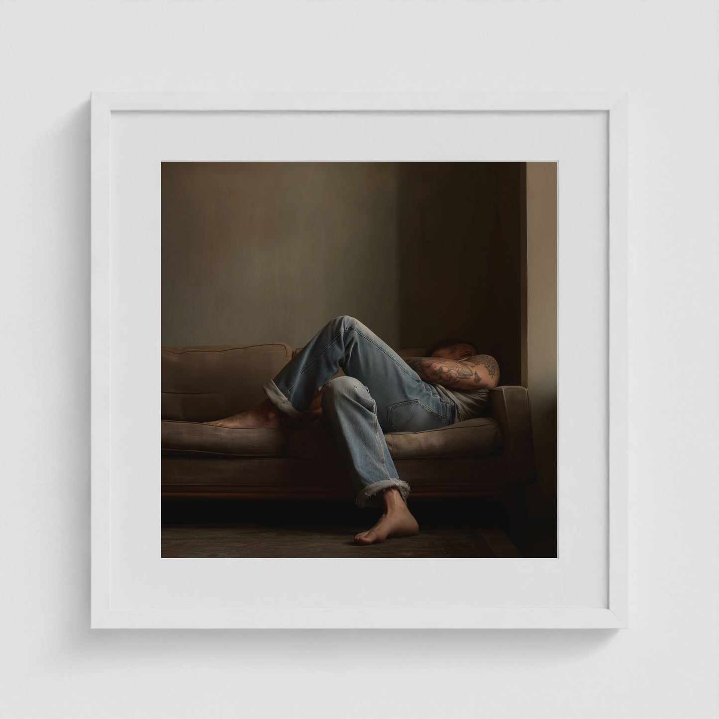 Reclining Denim Portrait 20x20 White Square Box Frame