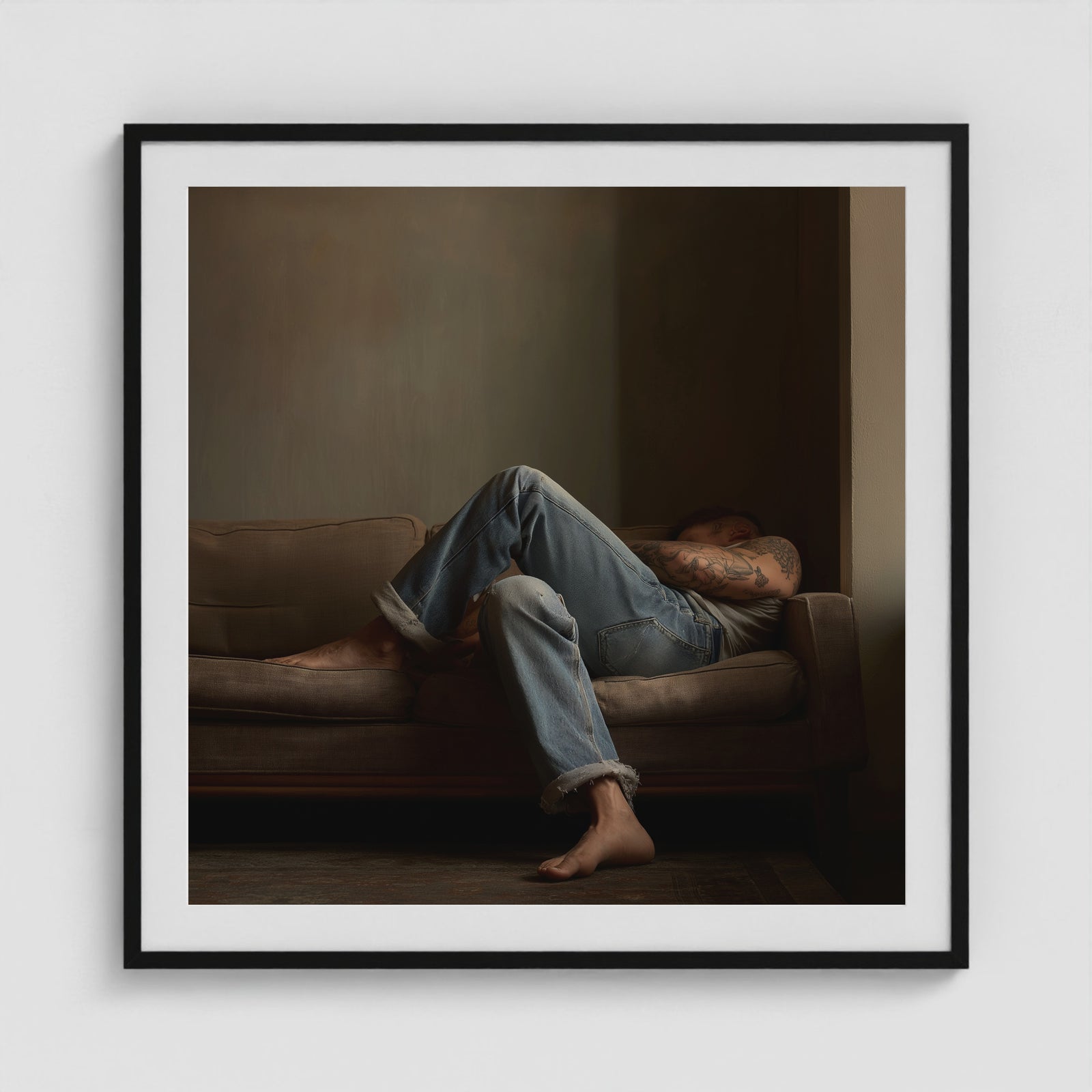 Reclining Denim Portrait 36x36 Black Square Box Frame