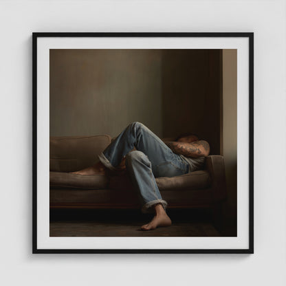 Reclining Denim Portrait 36x36 Black Square Box Frame