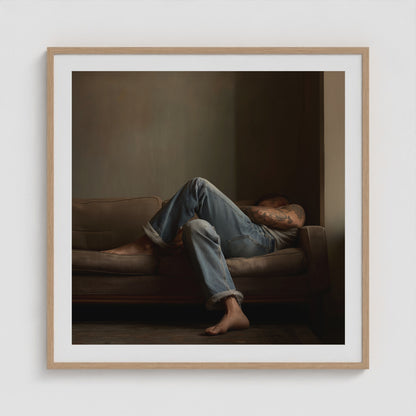 Reclining Denim Portrait 36x36 Natural Square Box Frame