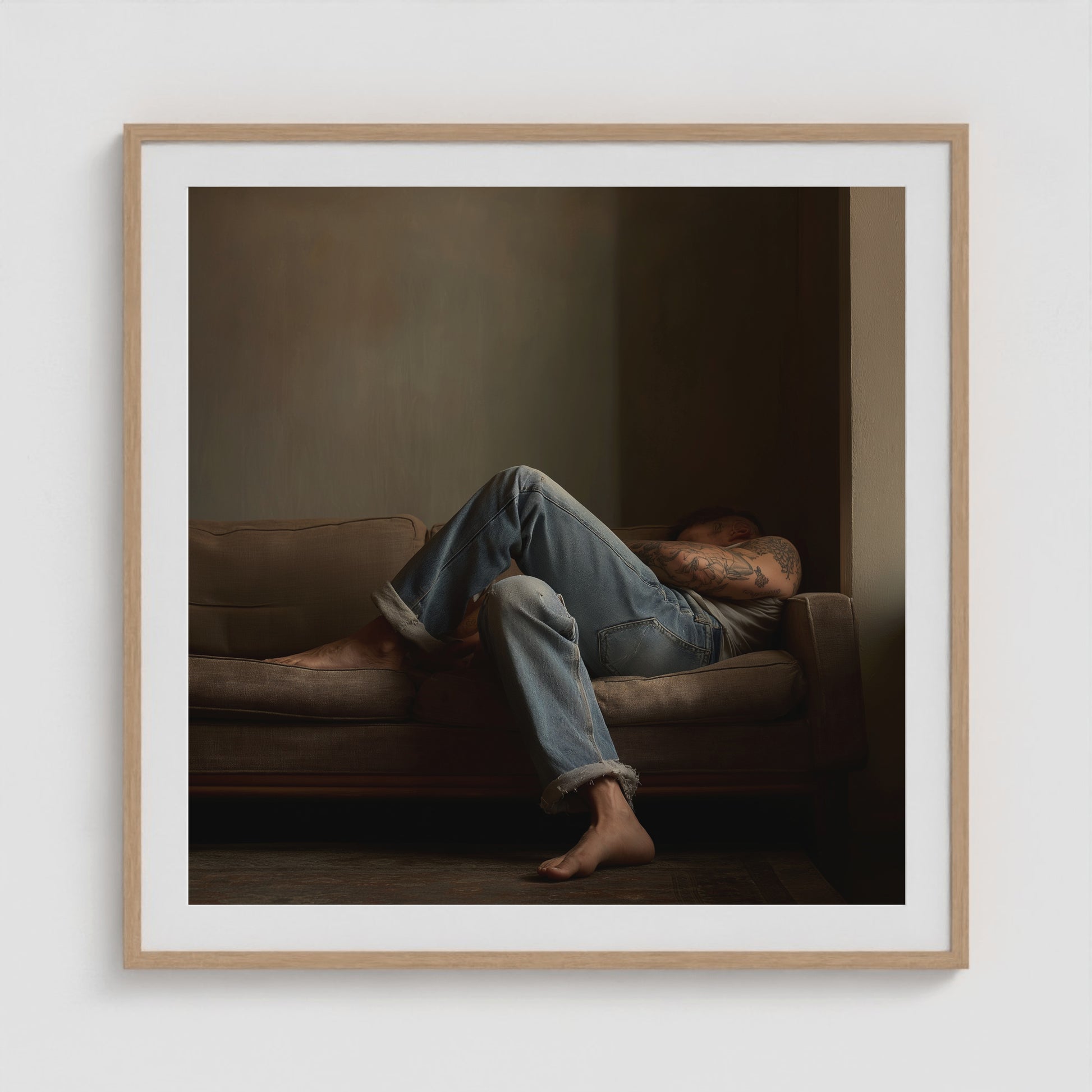 Reclining Denim Portrait 36x36 Natural Square Box Frame