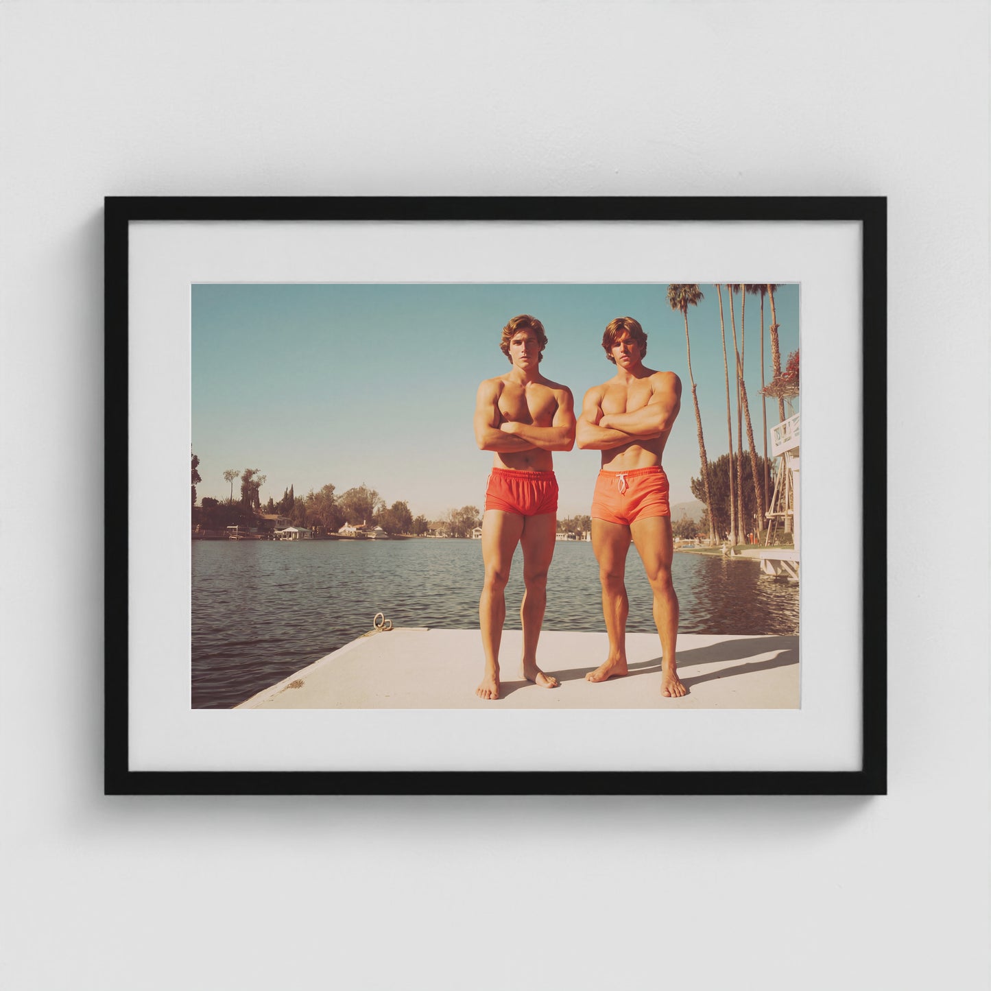 Retro Lakeside Portrait with Sunlit Concrete Dock 24x18 Black Box Frame Mockup