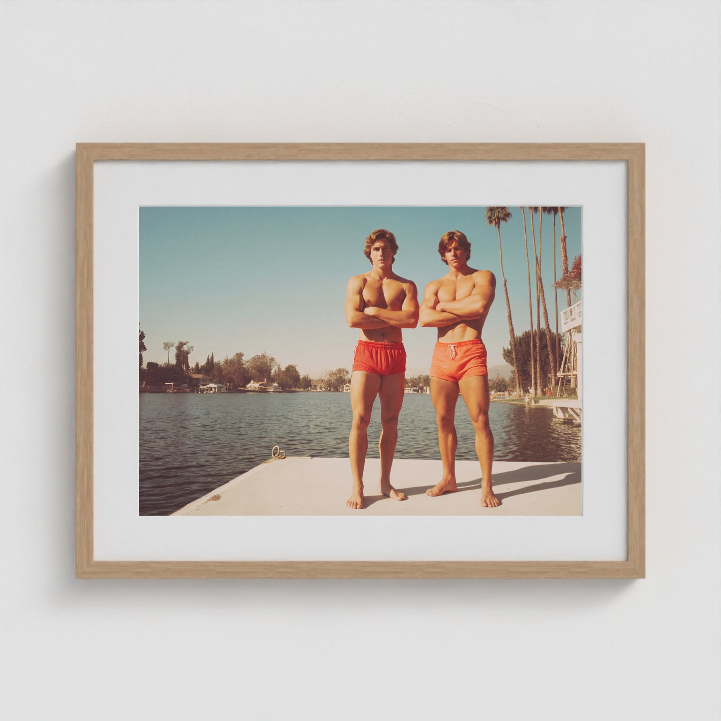 Retro Lakeside Portrait with Sunlit Concrete Dock 24x18 Natural Box Frame Mockup