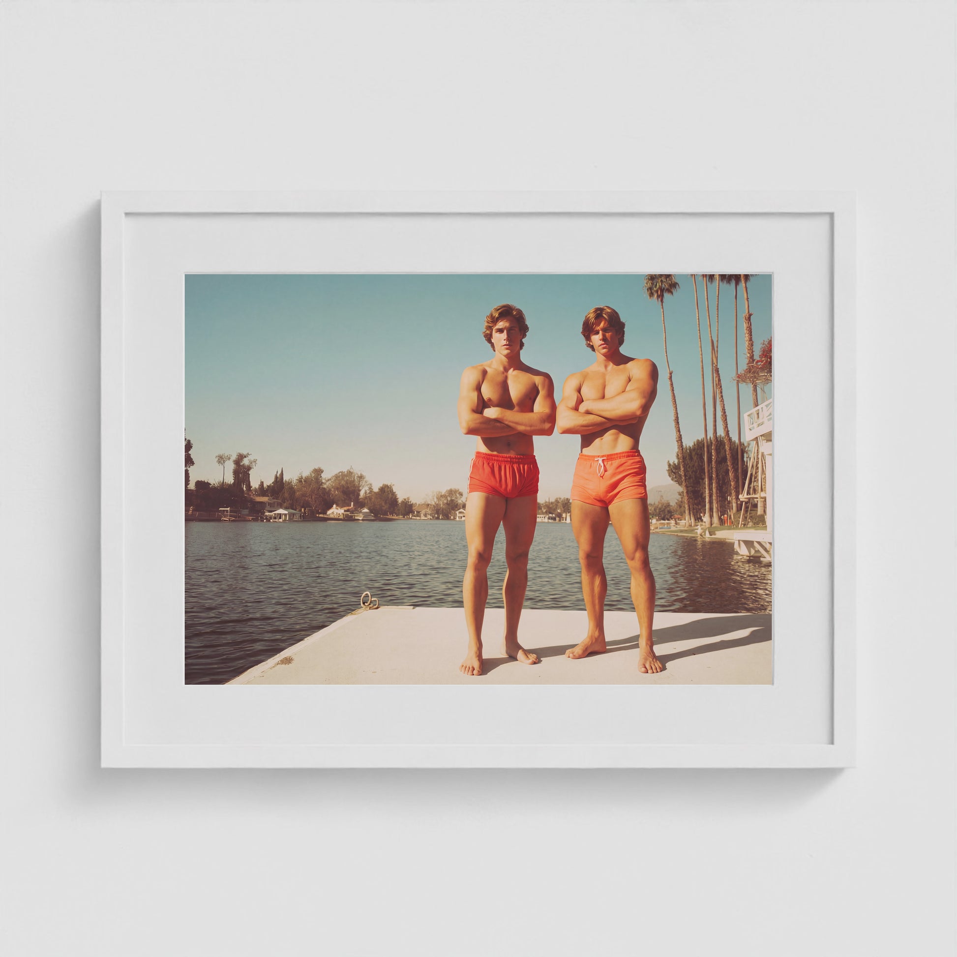 Retro Lakeside Portrait with Sunlit Concrete Dock 24x18 White Box Frame Mockup