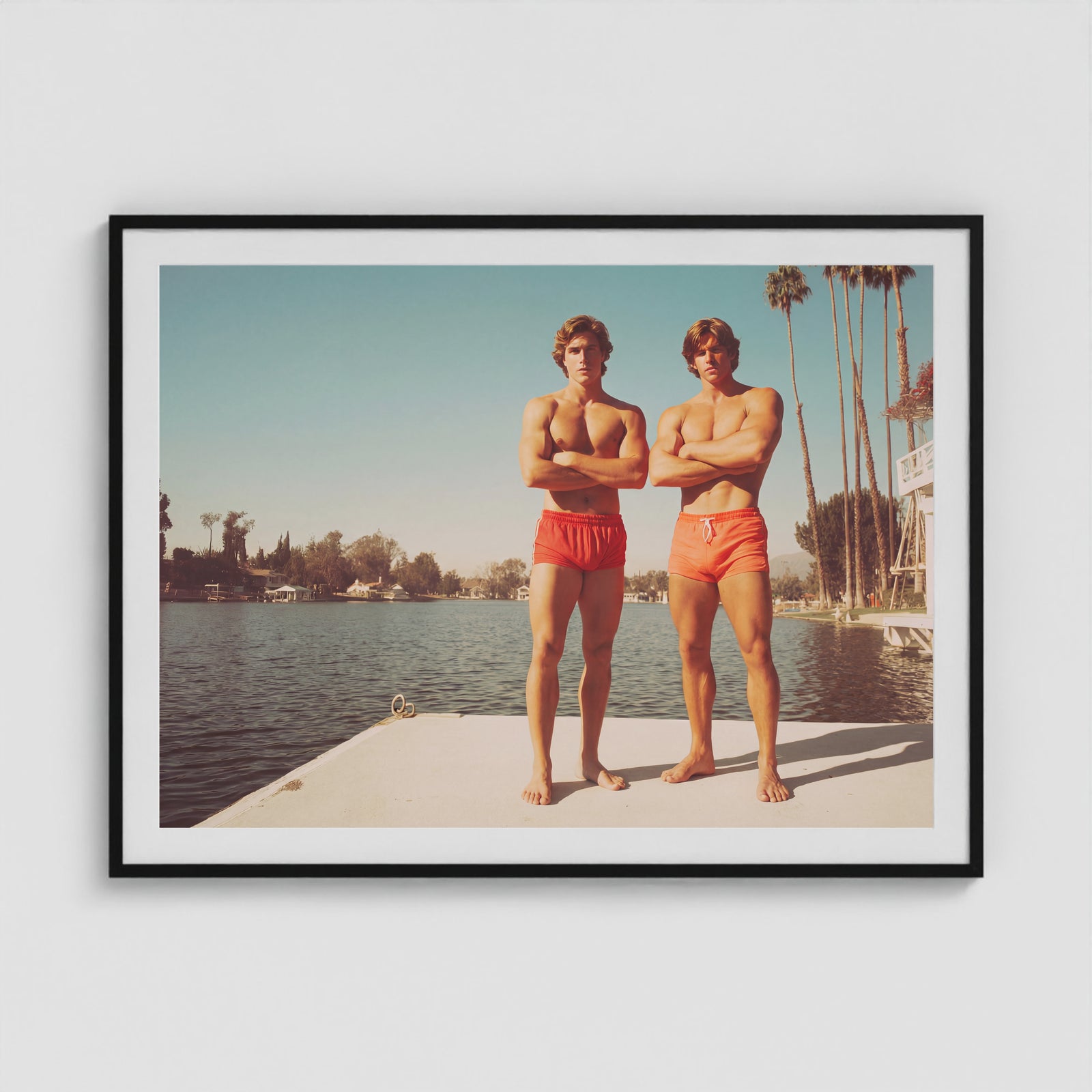 Retro Lakeside Portrait with Sunlit Concrete Dock 48x36 Black Box Frame Mockup