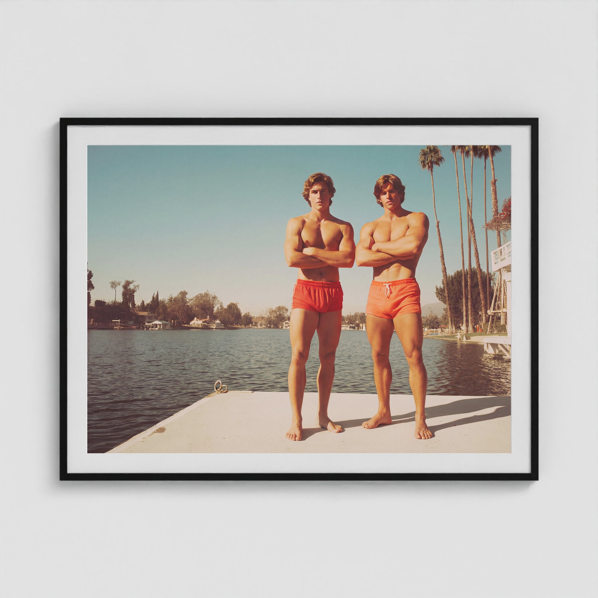 Retro Lakeside Portrait with Sunlit Concrete Dock 48x36 Black Box Frame Mockup